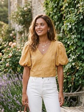 Promesa Mustard Yellow Puff Sleeve Crop Top Size M